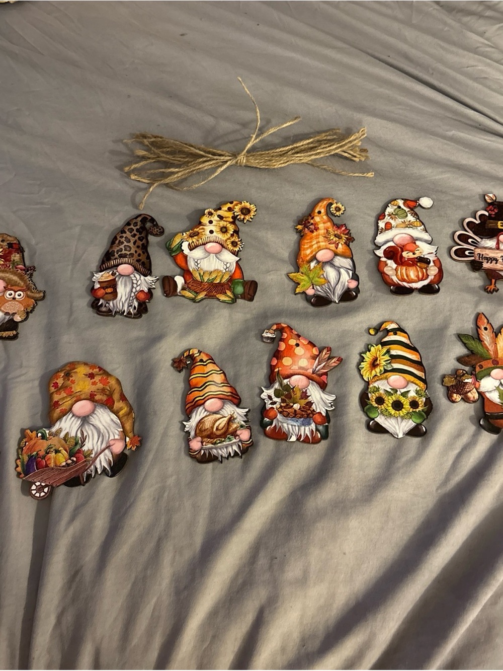 Autum Fall Gnomes w/ Pumpkin and Acorn 4.9in Wooden Ornaments Set of 12 w/ Twine